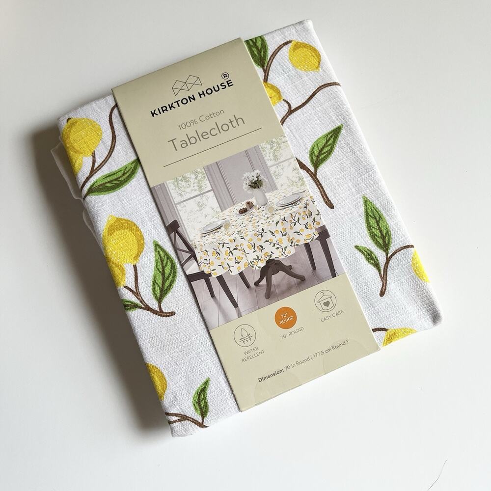 Kirkton House 100% Cotton White Lemon Tablecloth Round 70" Water Repellent